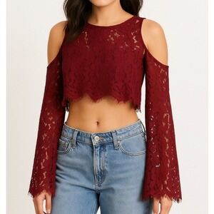 Lace Cold Shoulder Crop Top SMALL Burgundy Red Long‎ Sleeve Party Glam Do + Be